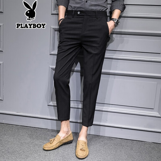 Jessons Casual Hosen Herren Sommer Dünne Eis Seidengeschnittene Hosen Schlanker kleiner Fuß kariertes Hosen Koreanischer Stil trendiger Herrenanzug Hosen K690 Schwarz (Crop Hosen) 32