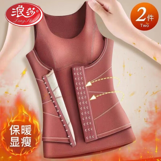 浪莎（LangSha）带胸垫发热磨毛德绒保暖背心女束腰收腹收胃托胸收副乳塑身内衣 黑色 XL 适合70-110斤