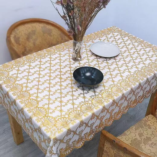 Lucky Rabbit tablecloth girl's heart waterproof, anti-scald and anti-oil no-wash dining table mat rectangular plastic coffee table living room Peacock flower-gold 80*138cm