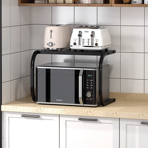 Jingxu kitchen microwave oven rack countertop retractable double-layer oven rack household multi-function rice cooker storage rack double layer - black C-shaped fixed type