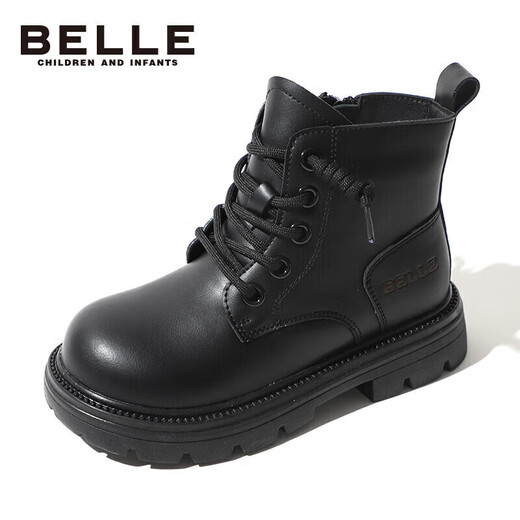 Belle children's shoes winter children's boots girls fashionable leather boots baby warm plus fleece Martin boots black size 37