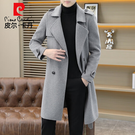 Pierre Cardin woolen woolen coat for men spring and autumn new high-end mid-length double-sided coat Korean style double-breasted woolen windbreaker 21006 Brown XL 180