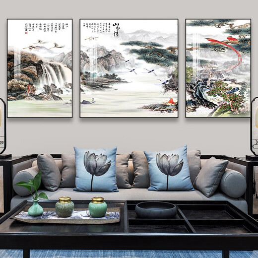 Oufa Living room decoration painting Sofa background wall hanging painting New Chinese style Chinese style landscape calligraphy and painting Landscape painting Restaurant Bedroom Bedside Study Triple Mural Crystal Porcelain Painting A-Flowing Water Makes Money 40*60 in the left and right 60*60/fabric painting