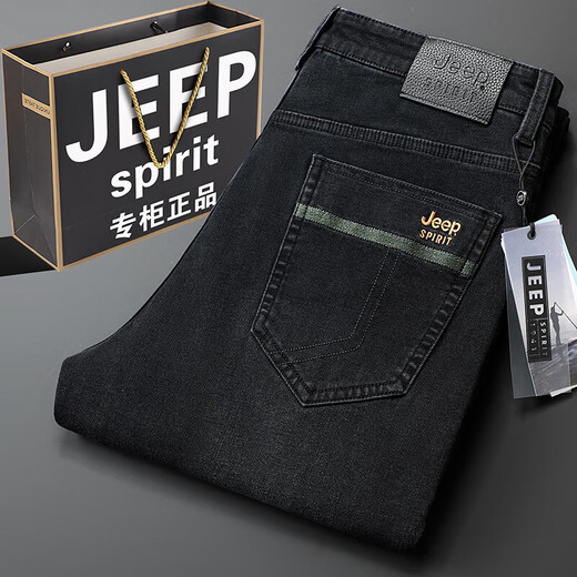 吉普（JEEP）【高档轻奢】牛仔裤男士宽松直筒秋冬厚款弹力高腰深档中年长裤 黑灰-679  厚款 32 码2.5尺