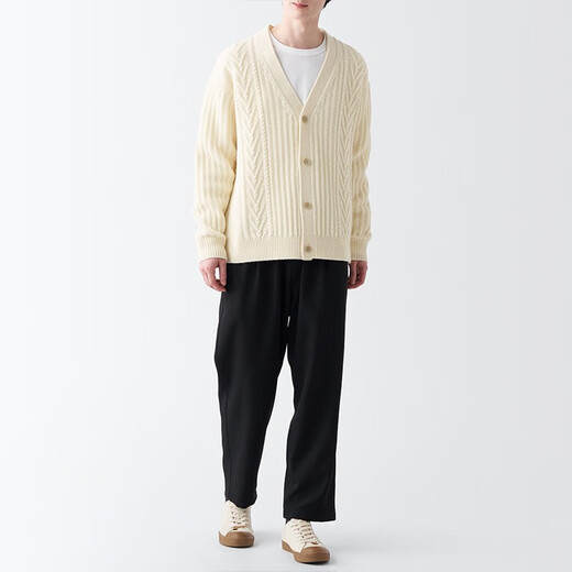 无印良品 MUJI 男式 美利奴羊毛 缆绳花纹 V领开衫 长袖针织衫 AA0PKA3A 原色 L (175/100A)