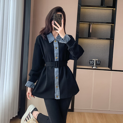 Lisaft Black Spliced Denim Sweater Women's Jacket Spring and Autumn Slim Waist Cardigan Top 2024 New Regular Black L (recommended 115-130 Jin Jin equals 0.5 kg) Lisaft Black Spliced Denim Sweater Women's Jacket Spring and Autumn Slim Waist Cardigan Top 2024 New Regular Black L (recommended 115-130 Jin Jin equals 0.5 kg)