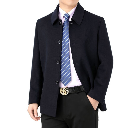 Pierre Cardin Cashmere Coat Men's New Middle-aged and Elderly Dad Solid Color Wool Wool Coat Men's Wool Coat Men (2021 Style) Blue Black (Exposed Button) Short L (175) Suitable for Weight 125-140Jin Jin is equal to 0.5 kg