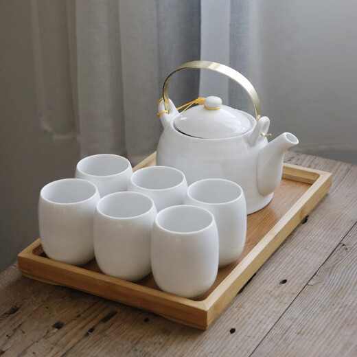 Gushengji pure white simple tea set household Jingdezhen high white ceramic underglaze color teapot tea cup large handle pot pure white simple (1 pot 6 cups + bamboo tray)