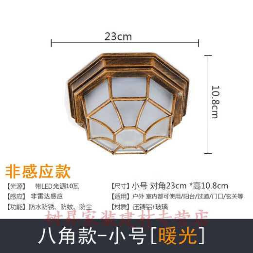 Villa entrance light door outdoor ceiling light waterproof balcony light entrance American outdoor corridor aisle sensor light octagonal light led upgraded version small bronze 10WLED warm light