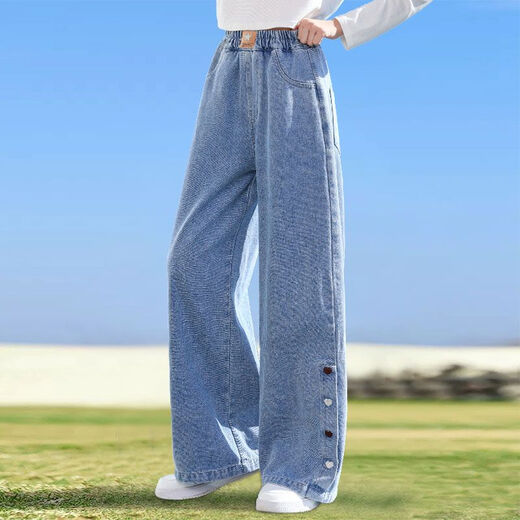 Ikano I.Karnow Girls Pantalones de pierna ancha Soft Denim Spring and Autumn Tennis Pantalones infantiles sueltos delgados de verano a mitad de larga duración 2025 Nuevo 13068 Azul [Estilo de primavera y otoño] 160