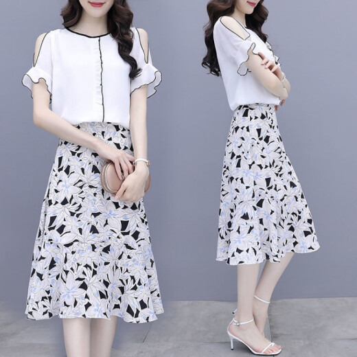 Chiffon shirt + skirt two-piece suit skirt dress summer 2022 women's new fashion fashion temperament off-shoulder sleeve skirt women's top + skirt M