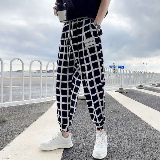 GTYUWVG黑白格子裤男士痞帅宽松休闲裤薄款束脚潮牌ins小脚九分哈伦裤子 k137 45 2xl 建议1-160斤
