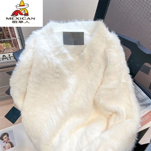 稻草人法式甜美温柔风软糯加绒v领毛衣男女冬季奶fufu加厚针织衫外套 白色 均码