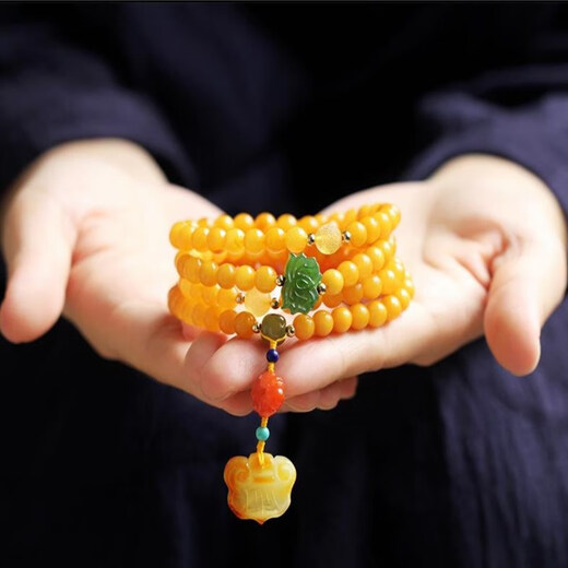 Longyin Beeswax Bracelet Amber Bracelet for Women and Men Raw Mineral 108 Rosary Beads Handmade with Nanhong Birthday Gift YJ 6mm