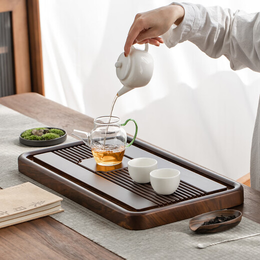 Gold inlaid jade solid wood bamboo tea tray tea tray dry soaking drainage simple household tea table large ancient charm 50*28cm