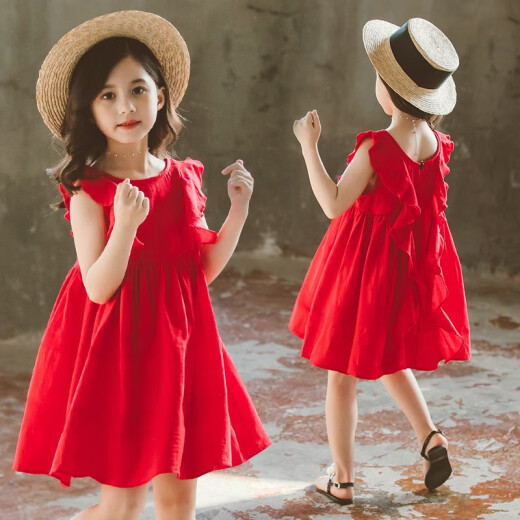 Qiao Gongju Girls Dress Summer 2021 New Children's Princess Dress Medium and Large Children's Fashion Korean Thin Large Wave Dress 3-13 Years Old Little Girl Red Size 140 (Recommended Height 130 cm)