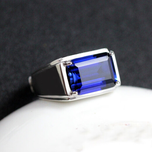Yuan men's ring, real silver inlaid with tanzanite synthetic blue gemstone, men's rectangular colored gem, domineering men's ring, opening adjustable