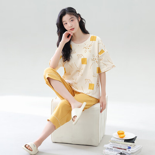 顶瓜瓜睡衣女纯棉带胸垫短袖七分裤套装女休闲夏季薄款睡衣家居服 STS 2629-D# L（建议110-120斤）