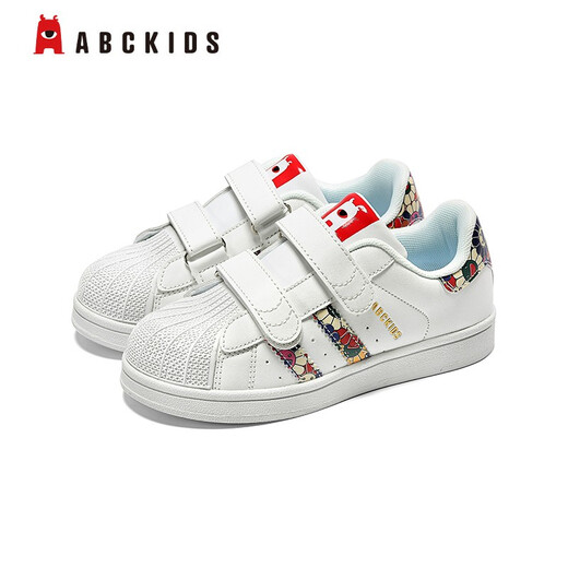 ABC Kinder Kinderschuhe 2025 Frühling neuer Jungenschuhe kleine und mittelgroße Kinderklettklasse Sneakers Weibchenschale weiße Schuhe Weiße Größe 35 Geeignet für ungefähr 21,4 cm lang
