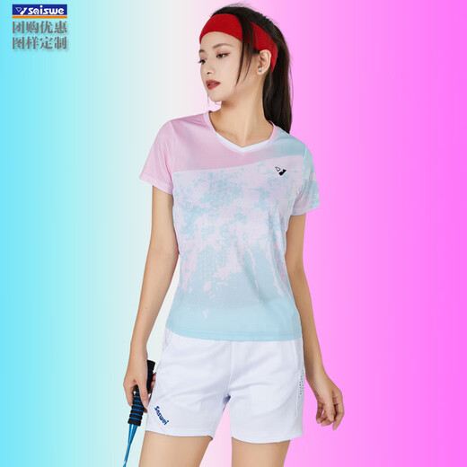 赛事威（SAISHIWEI）23新品团清龙羽毛球服网球运动套装夏季跑步速干衣短袖T恤 女3923B蓝粉配3677白裙 L