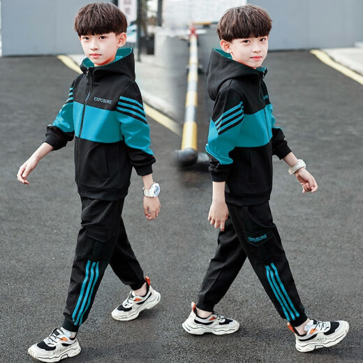 Children's clothing, boys' suit brand, children's spring and autumn clothing, big children's spring new long-sleeved jacket, tops and pants, two-piece set, small Lingtou, Korean version, casual, fashionable, foreign-style clothes, dark green, size 150 (suitable for height around 140)