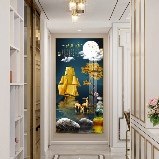 小泸林一帆风顺玄关挂画正对门壁画装饰画高级感简约轻奢竖版走廊过道画 10-一帆风顺14087 布艺画-50*100黑色