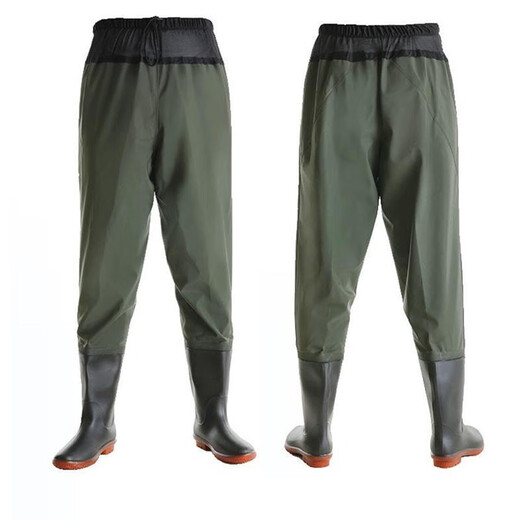 Baijie (BJ) waders, half-length waterproof pants, fish pants, rain pants, men's waist-high water boots, leather forked pants, fishing pants, 85 silk army green (with insole + leather + glue) 43