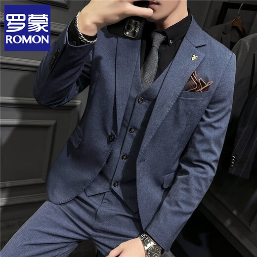 ROMON Groom's Suit Men's Three-piece Complete Set Korean Style Slim Temperament Business Casual Formal Wedding Groomsmen Dress SJT9931 Black 2XL