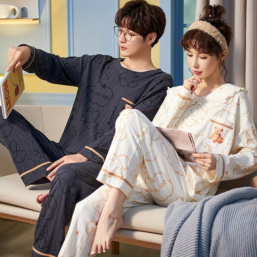 Manzhiban couple pajamas spring and autumn pure cotton long sleeve Korean style teenagers for men and women in autumn cute 2021 new winter QM men 1592 women 2592 single set price-women M