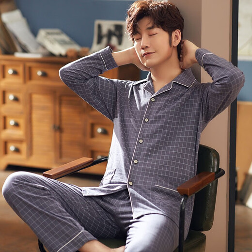 美姬安妮长袖纯棉睡衣男春秋季中老年人爸爸加肥加大码家居服肥佬秋款套装 15696 XXL（160-180斤）