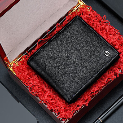 Jinlilai men's wallet short wallet 2 fold leather wallet wooden gift box ticket clip Chinese Valentine's Day gift for boyfriend