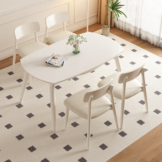 Mesa de comedor de pashaman la losa de roca mesa de comedor retráctil para el hogar crema francesa crema frena redonda redonda de comedor dual-usose 1908Y Mesa de comedor retráctil 1.2 metros + 6 sillas 6195y la losa de roca blanca pura mate