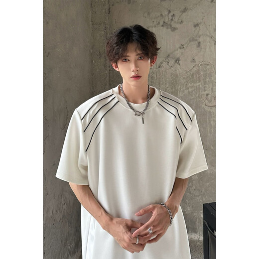 
QGF high street wind high gram heavy shoulder pad trendy brand short-sleeved T-shirt for men and women summer couple loose T-shirt simple half-sleeved top DSA070-CD1049 white XL [recommended 120-135Jin [Jin equals 0.5 kg]]
