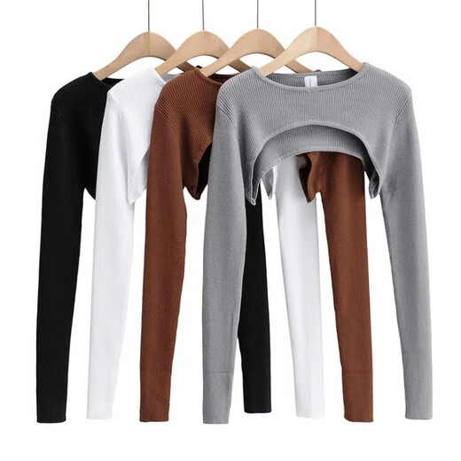 Rock color ultra short top tight hot girl sweet and spicy long-sleeved blouse for women spring and autumn new round neck color versatile T-shirt blood mattress brown S