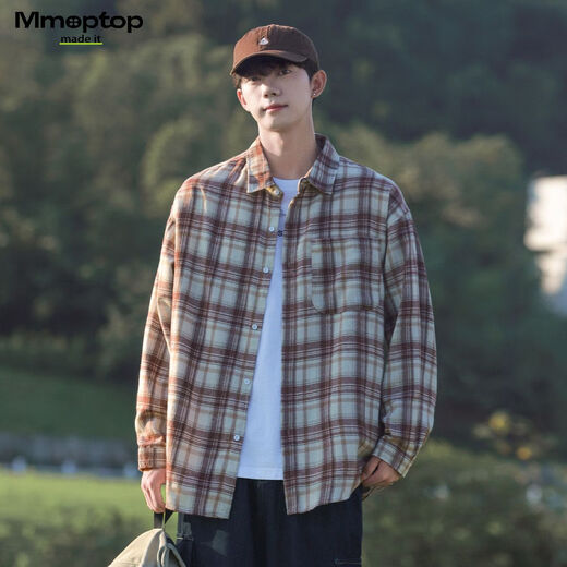 MMOPTOP日系复古长袖格子衬衫男士秋冬季潮流宽松休闲外套6062 咖啡 L