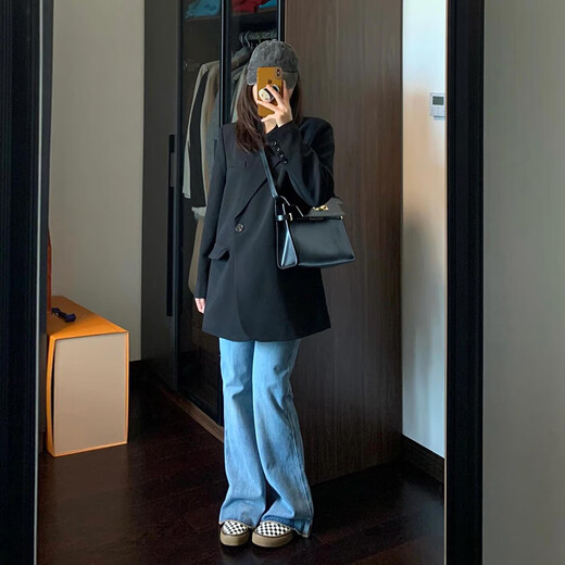 GARNUO black small suit jacket for women 2025 early spring and autumn new two-piece set small high-end casual suit black suit suit + pants L 121-130Jin Jin equals 0.5 kg