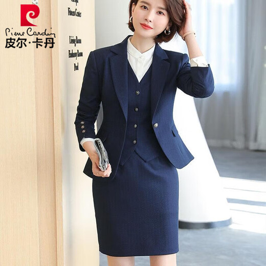 Pierre Cardin suit formal workwear suit for women autumn and winter high-end suit CEO professional slimming street temperament goddess style blue jacket + pants + vest L