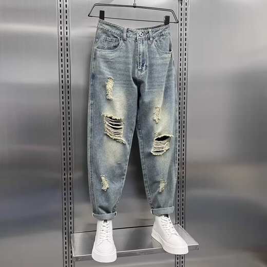 Trendy Männer zerrissene Jeans Herren Sommer dünner vielseitiger, schlanker gerade neun-Punkte-Casos-Hosen Trendige hübsche Marke Harem Pants Blue 36
