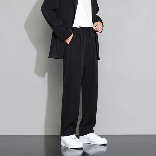 
Foss Phil casual pants for men spring and summer loose straight ice silk pants for men draped wide-leg sports thin suit pants black XL