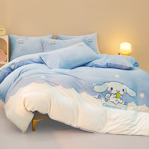 Mercury Home Textiles three/four-piece milk velvet set, infant class A antibacterial warm velvet set, cartoon children's dormitory available, cloud big-eared dog, infant class A/childlike embroidery, bed sheet (quilt cover 150*210cm)