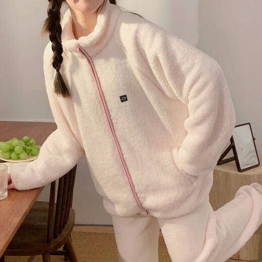 Yalu Coral Velvet Pajamas para mujeres en otoño e invierno de albaricoque simple Flannel cálido espesas con cremallera Two MJ S9903# Gray M 75 95Jin [Jin es igual a 0,5 kg]