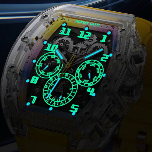 
BONEST GATTI German men's hollow fully automatic mechanical watch crystal shell luminous watch Valentine's Day birthday gift for boyfriend BG9920-A3 transparent shell yellow face yellow tape