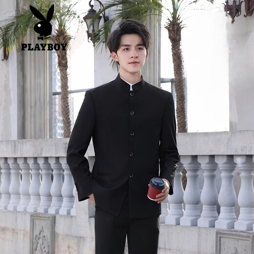 Playboy (PLAYBOY) new Chinese style men's suit men's spring and autumn stand-up collar shoulder pad coat Chinese tunic suit Tang suit casual suit black XL 120-140Jin Jin equals 0.5 kg