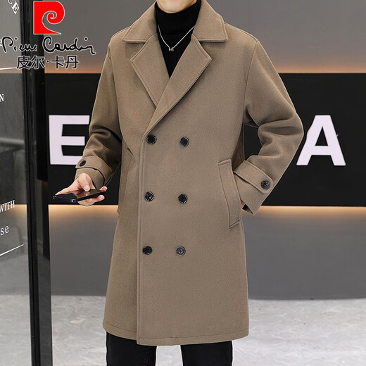 Pierre Cardin Spring and Autumn Windbreaker Men's Mid-Length Trendy Loose Casual Double-breasted Suit Collar British Style Woolen Coat Jacket Coffee Selected Woolen Fabric 2XL 135-150Jin Jin is equal to about 0.5 kg