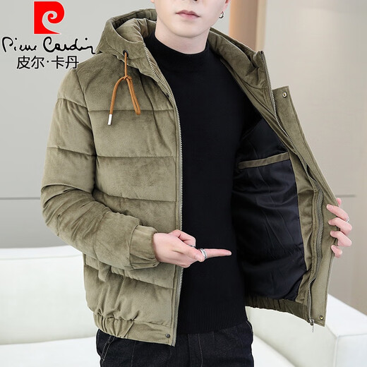 Pierre Cardin winter gold velvet cotton coat men's trendy Korean style casual thickened warm cotton coat youth hooded cold weather jacket Khaki M 90-105Jin Jin equals 0.5 kg