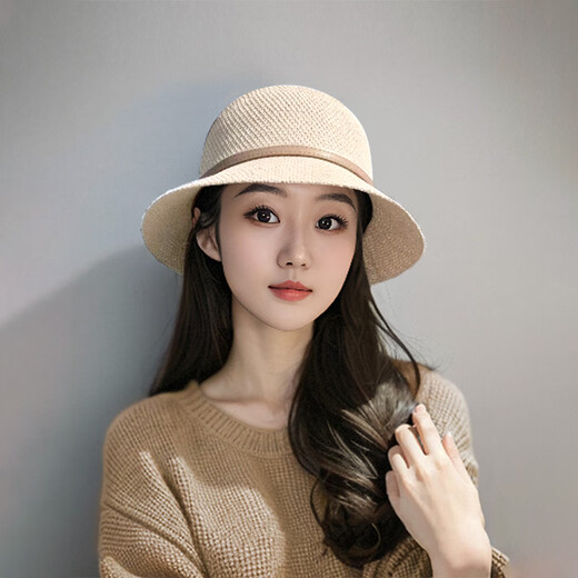 Guiqi sun hat women's spring and summer fisherman's hat foldable fashionable youthful sun hat woven straw hat leather buckle top hat [off-white]