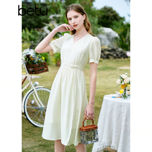 Betu women's new summer dress elegant light national style romantic dress women 2303D05 light apricot L
