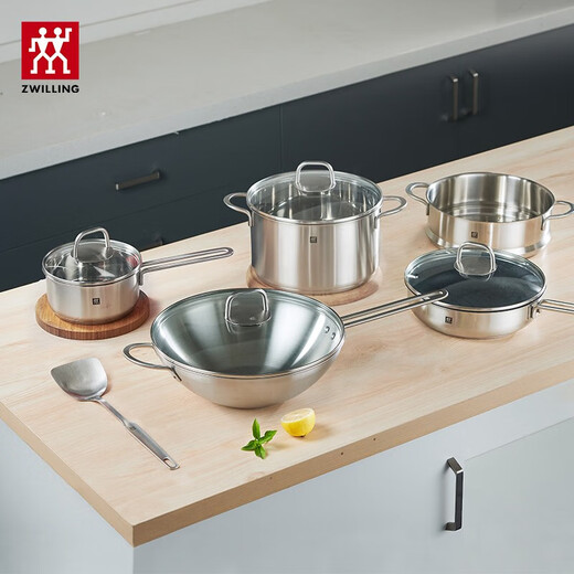 Zwilling pot set, stainless steel wok, milk pot, knife, non-stick frying pan, steamer, soup pot, housewarming 6-piece set