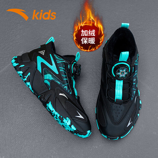ANTA boys' cotton shoes, two cotton shoes, winter shoes, velvet and thickened, 6-12 years old, non-slip, wear-resistant outdoor sports shoes, black and green 37, inner length 23.5cm