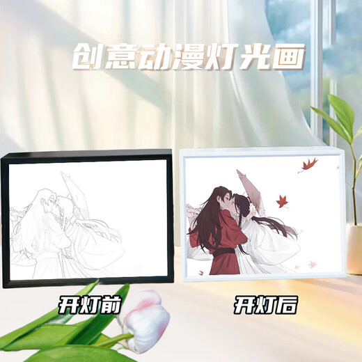 天官赐福镜子灯光画小夜灯定制相框发光画抖音谢怜创意摆件送礼物 3524 天官-红莲 镜子白框16.5*21充电款